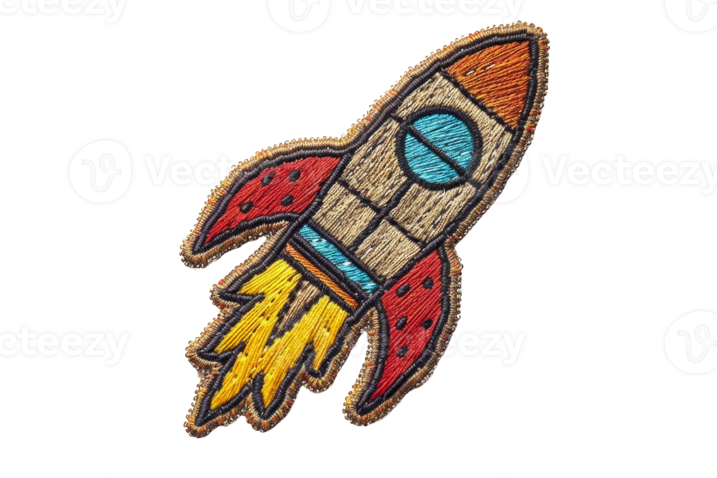 Colorful embroidered rocket patch with detailed stitching and vibrant colors, ideal for customizing clothing, bags, or accessories. png