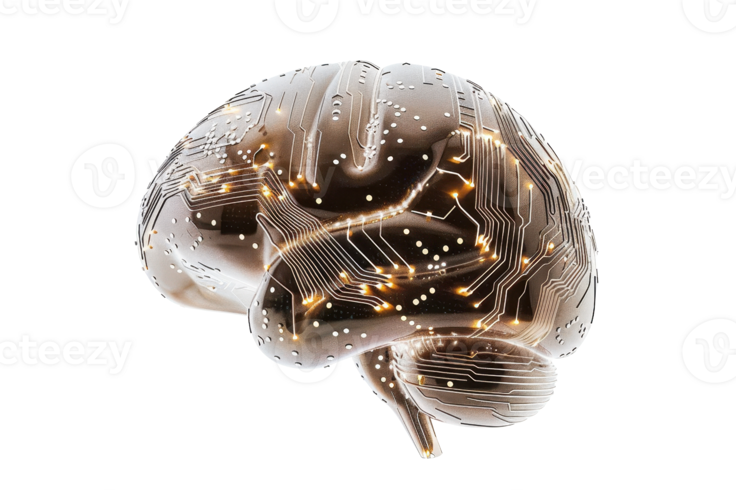3D rendered digital brain with integrated circuit patterns and glowing lights, representing artificial intelligence and neural networks. png