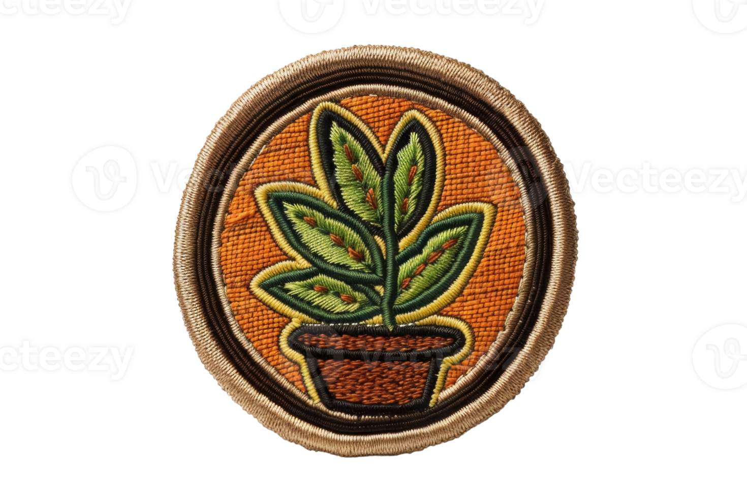 Decorative embroidered patch featuring a potted plant with green leaves on an orange background, perfect for DIY and fashion projects. png
