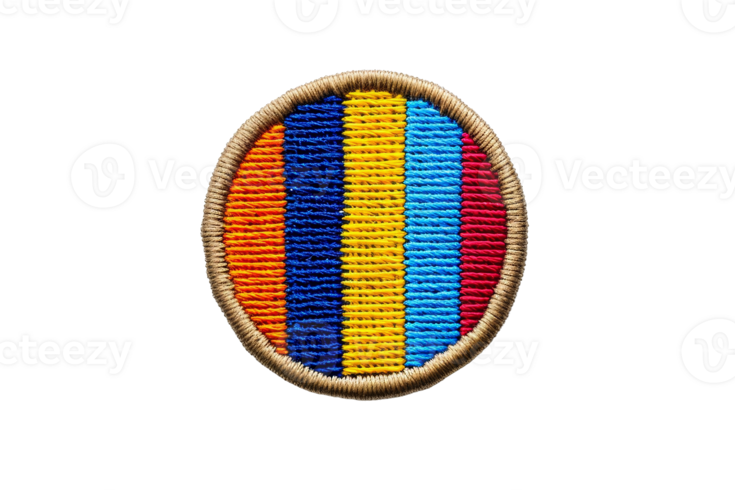 Colorful embroidered patch with vertical stripes in orange, yellow, blue, and red. Circular design with a beige border. png