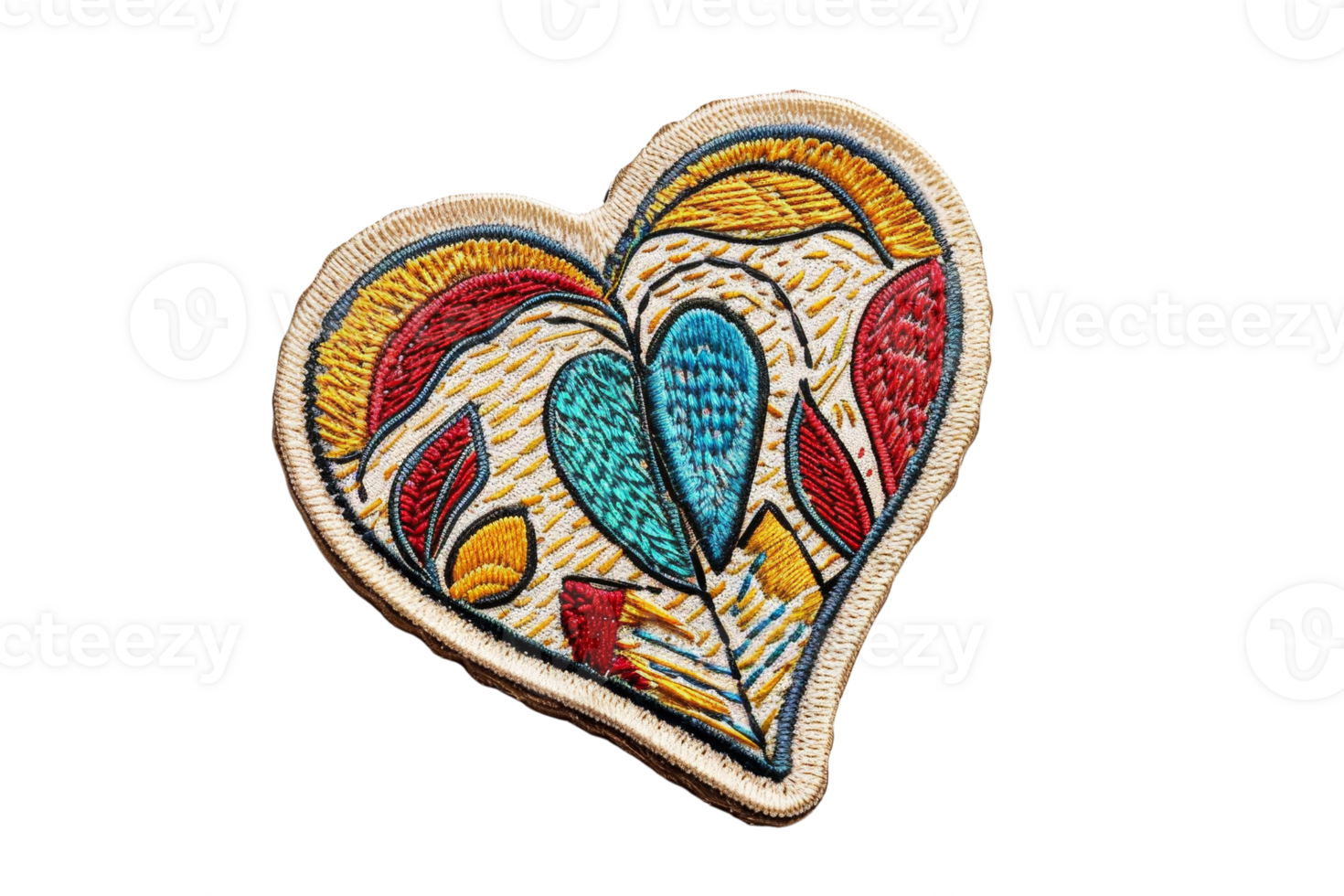 Colorful embroidered heart shape with abstract patterns in red, blue, yellow, showcasing intricate textile art, isolated on transparent background. png