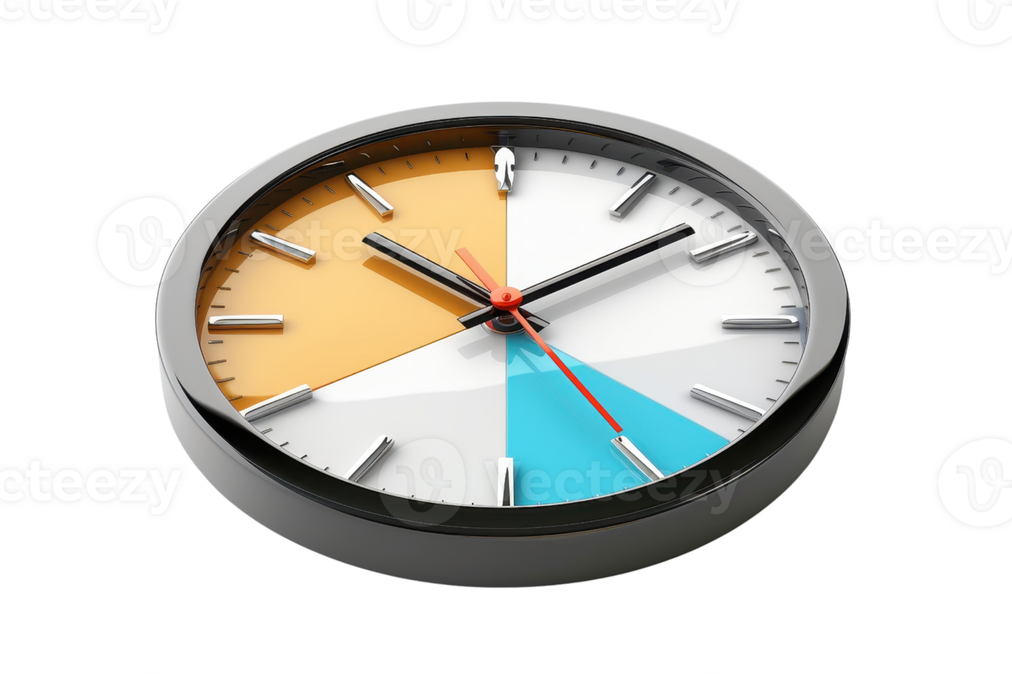 Modern wall clock with colorful segments, featuring grey, orange, white, and blue sections, isolated on a transparent background. png