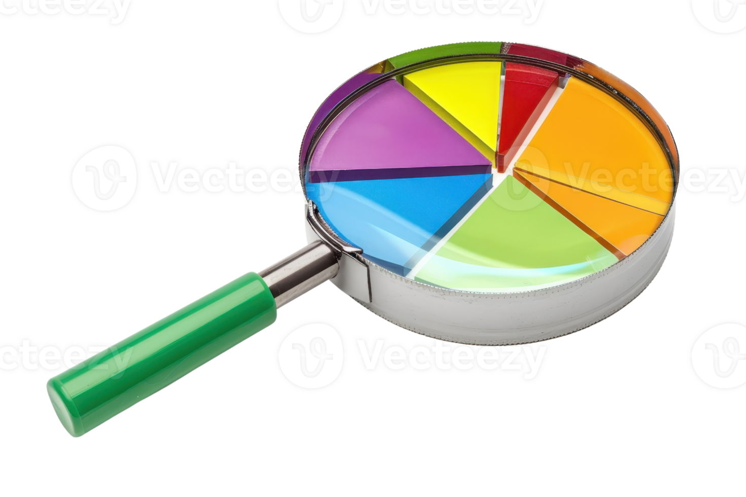 Magnifying glass focusing on a colorful pie chart, symbolizing data analysis, business growth, market research, and statistical evaluation. png