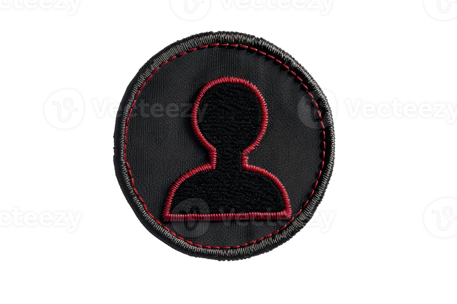 Circular badge on black background with a red outline person icon, perfect for themes of identity, recognition, or organization. png