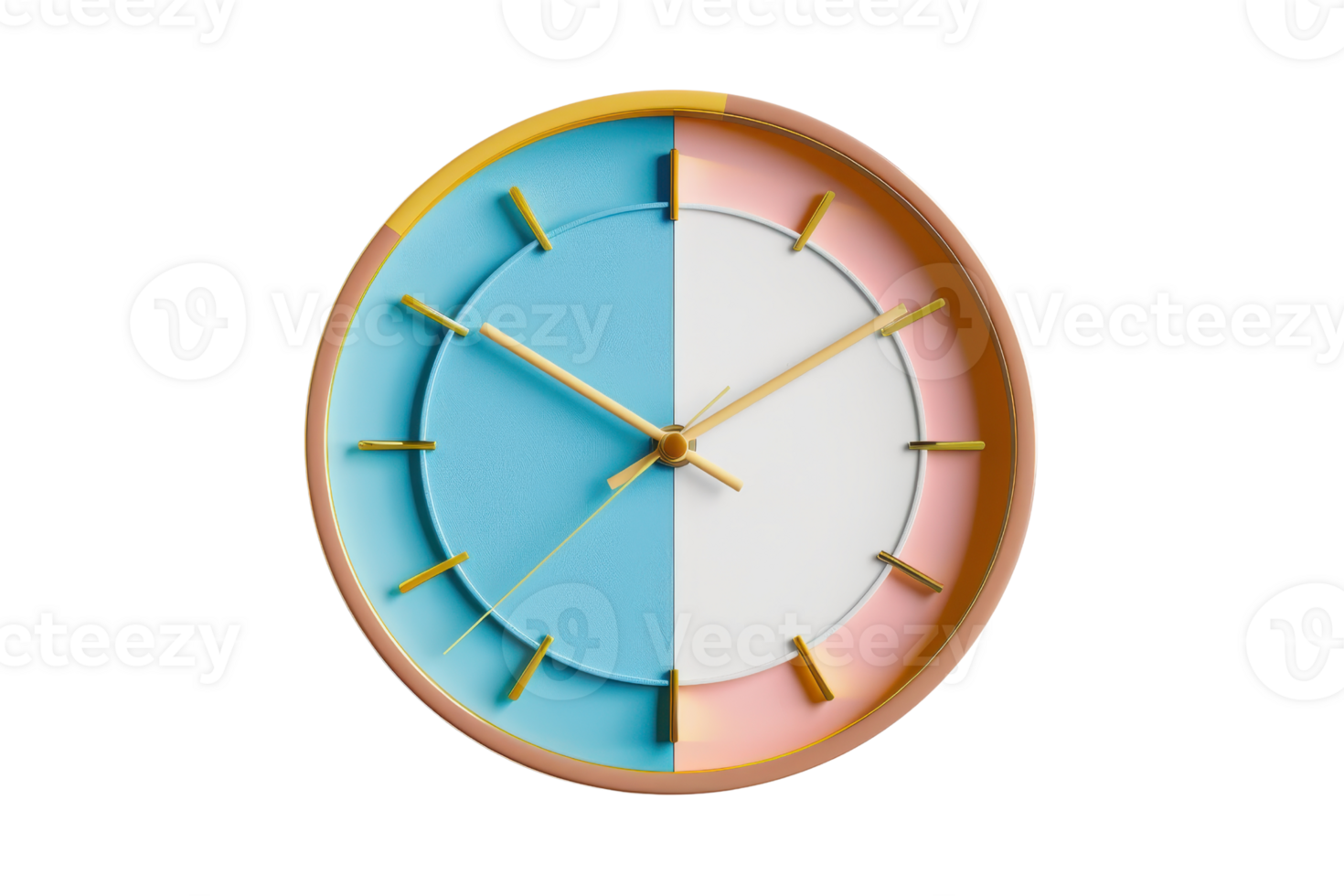 Colorful modern wall clock with a unique geometric design, featuring blue, pink, and white segments, and golden hands. Minimalistic home decor. png