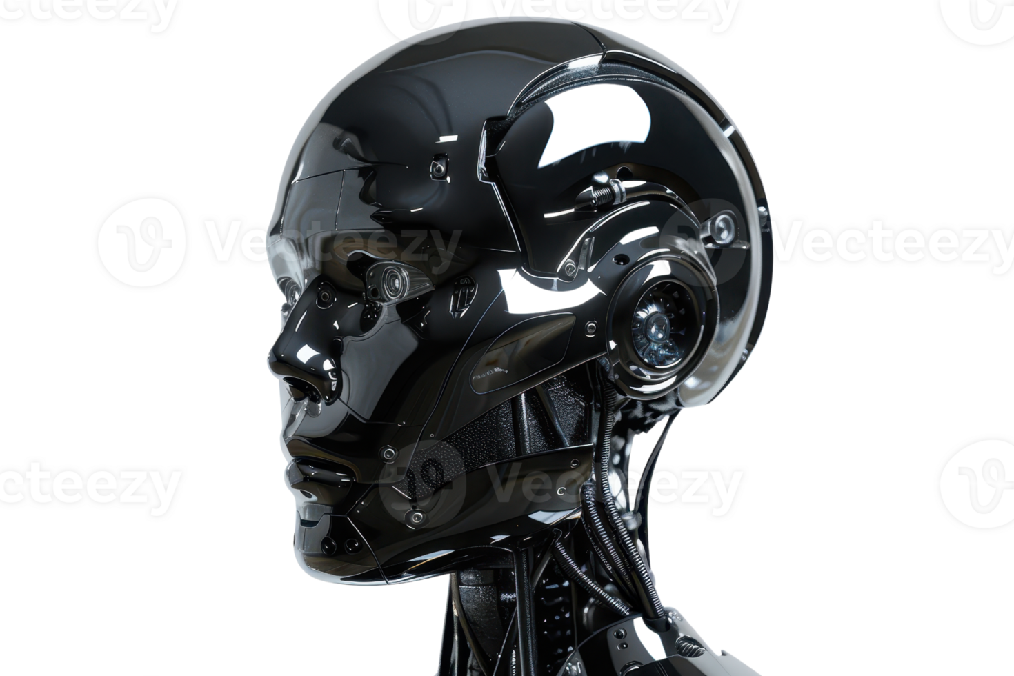 Side view of a futuristic black and white humanoid robot head with intricate mechanical details and glossy finish png