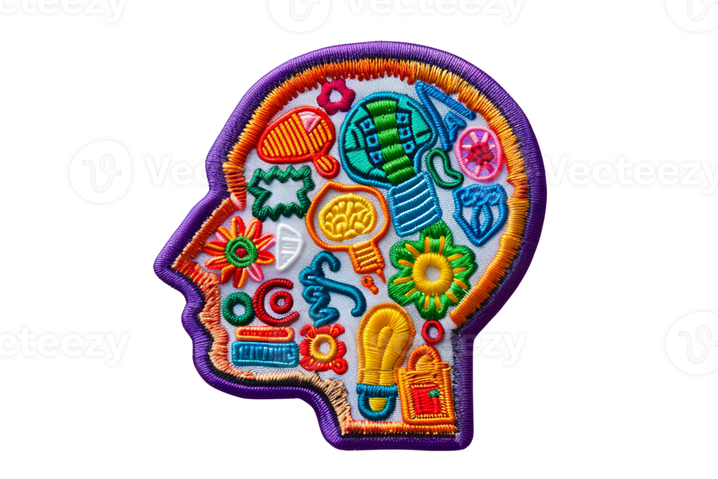 Colorful stitched human head outline with various elements representing creativity, ideas, and innovation on a transparent background. png