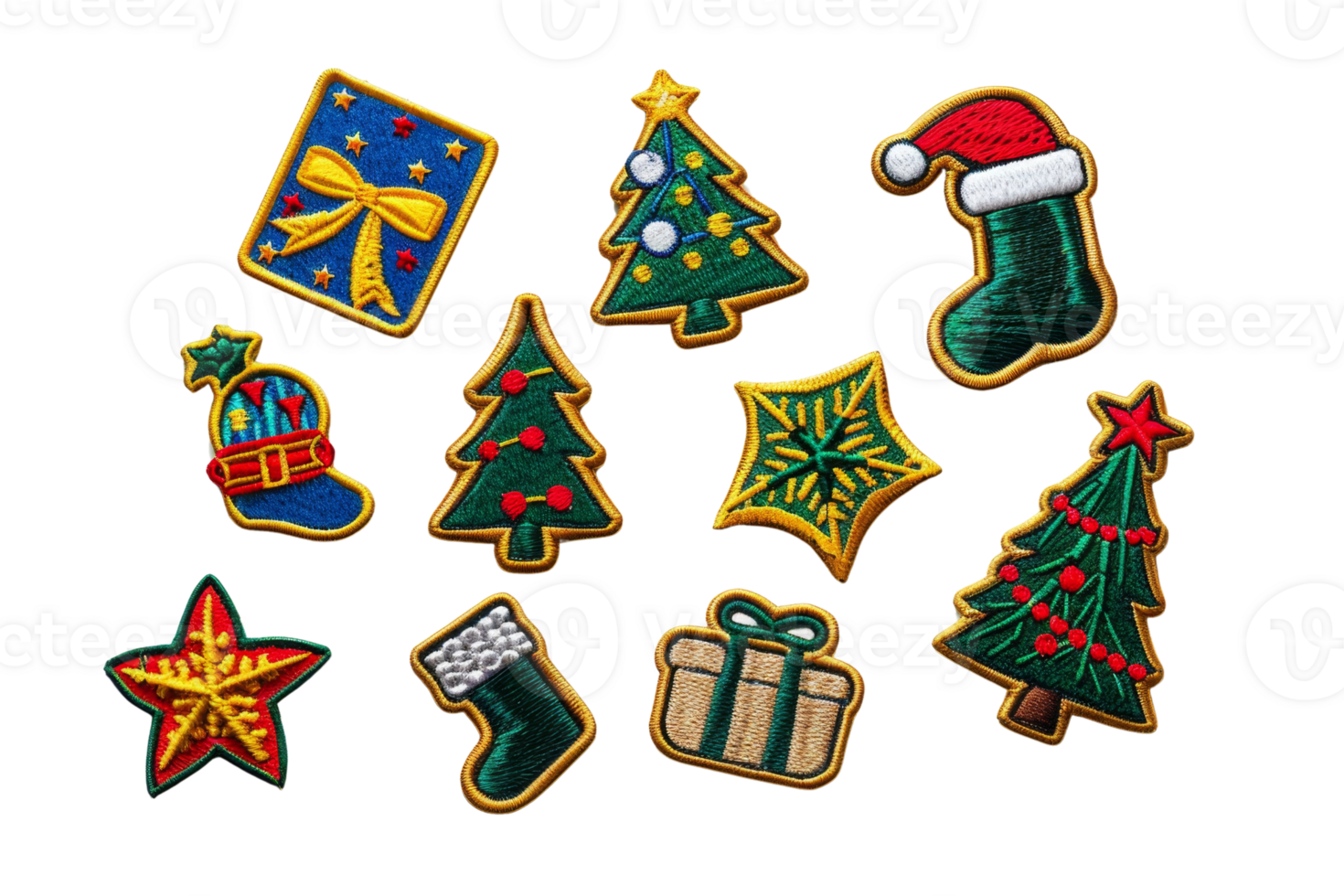 Colorful Christmas cookies shaped like trees, stockings, stars, and presents, decorated with icing and festive designs. png