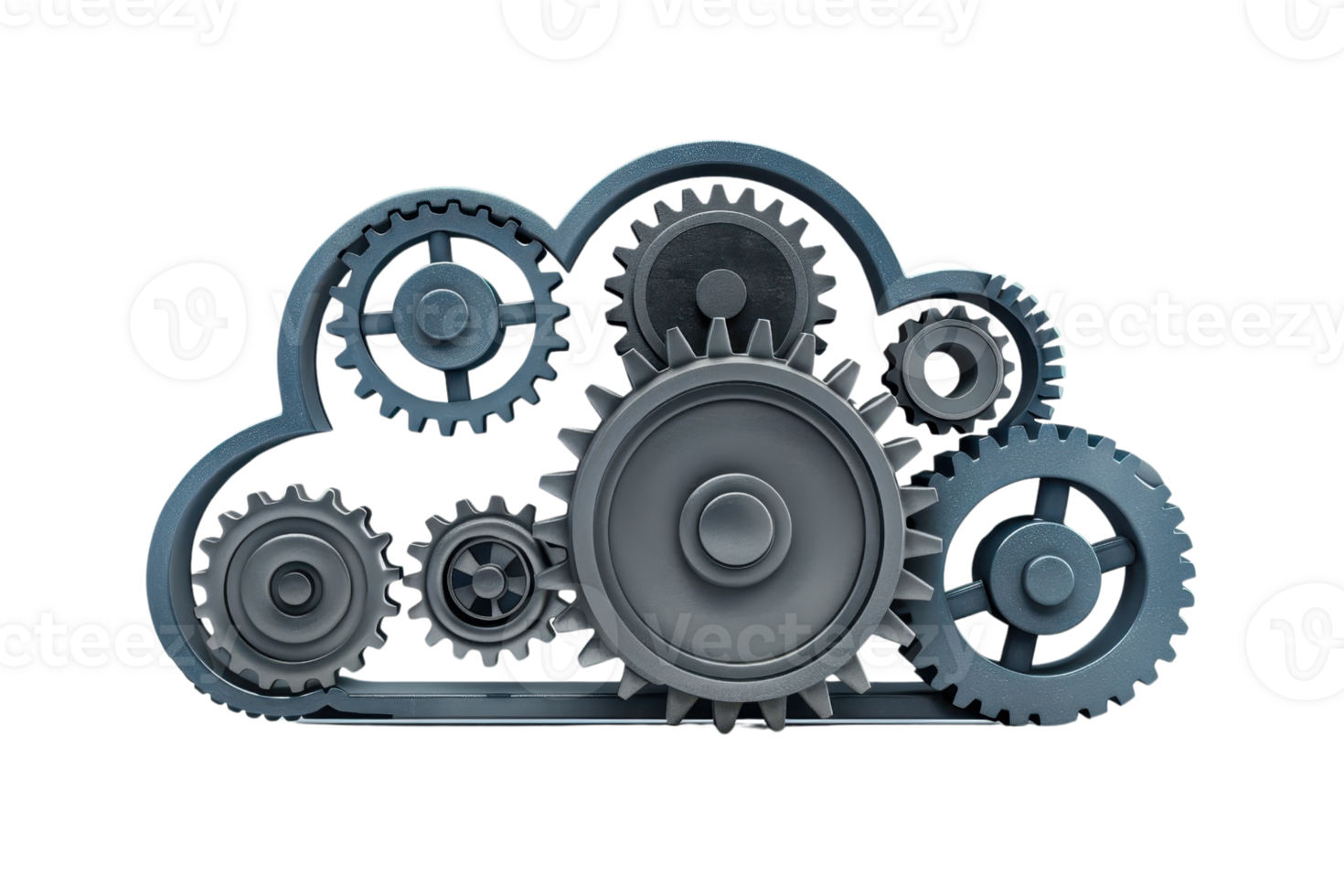 Cloud computing concept with interconnected gears symbolizing data processing and digital collaboration in a modern technological framework. png