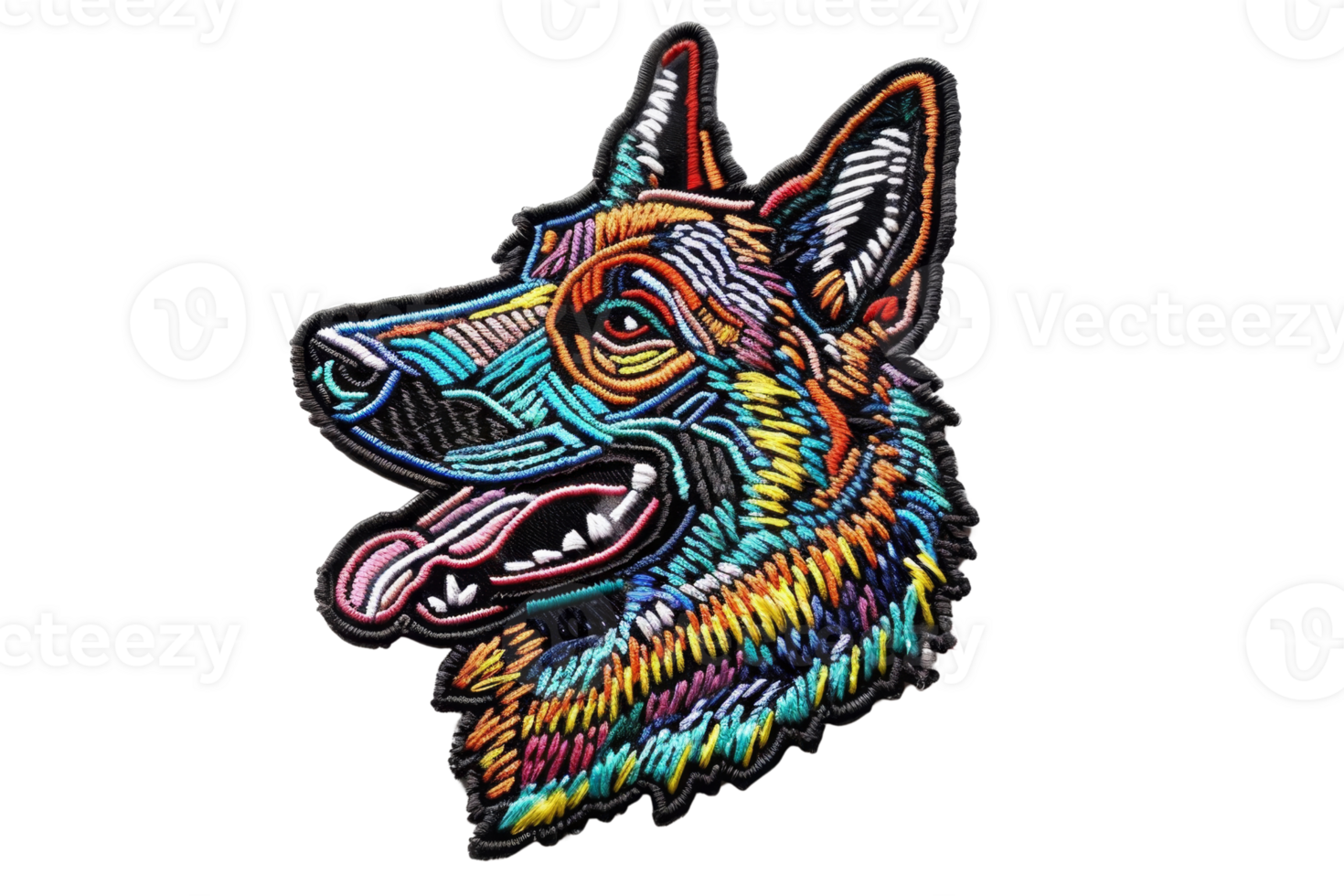 Colorful embroidered patch of a dog head, showcasing vibrant embroidery art with intricate details and a playful design, ideal for customization. png