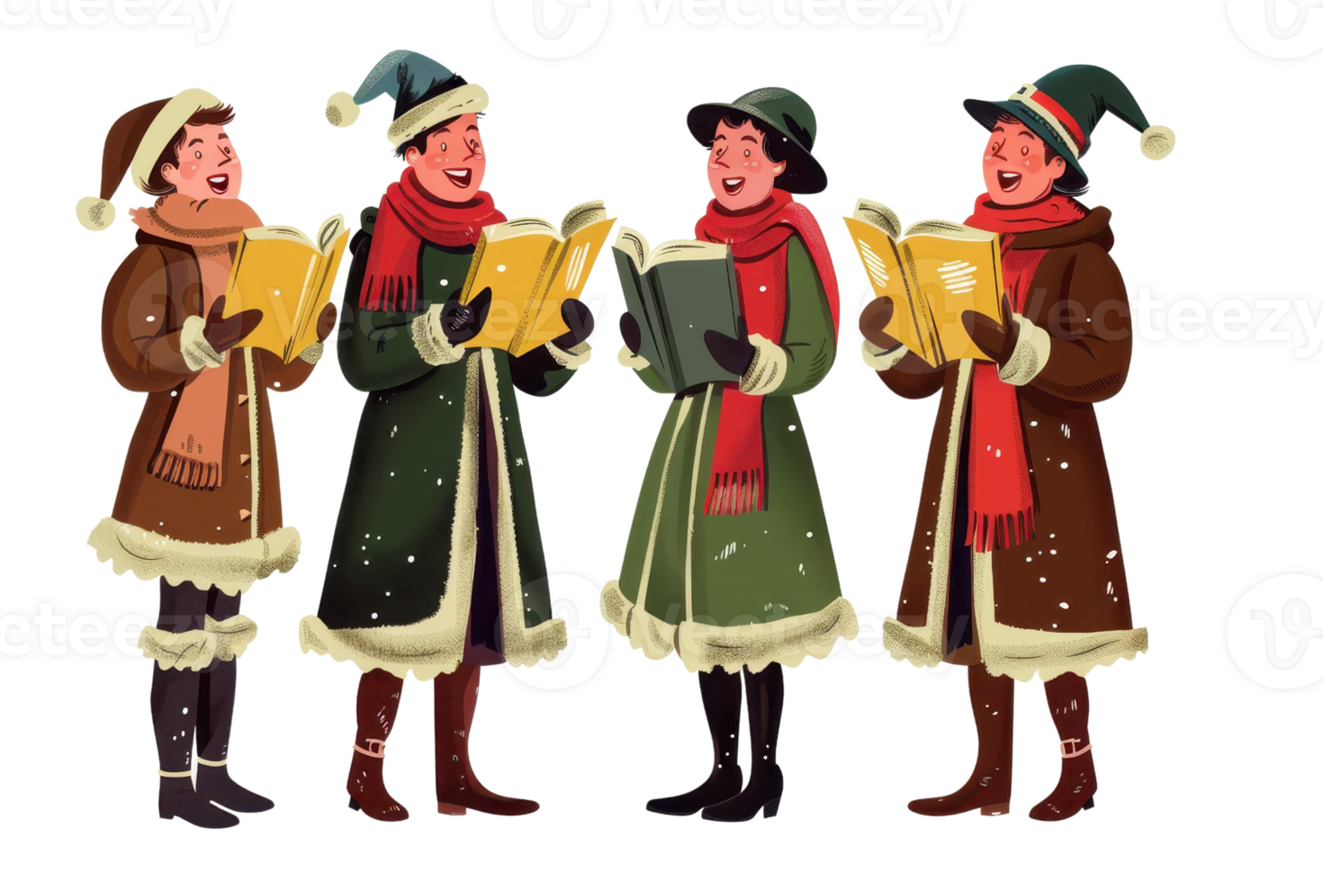 Illustration of joyful carolers singing Christmas songs in cozy winter clothing, spreading holiday cheer during snowfall. png