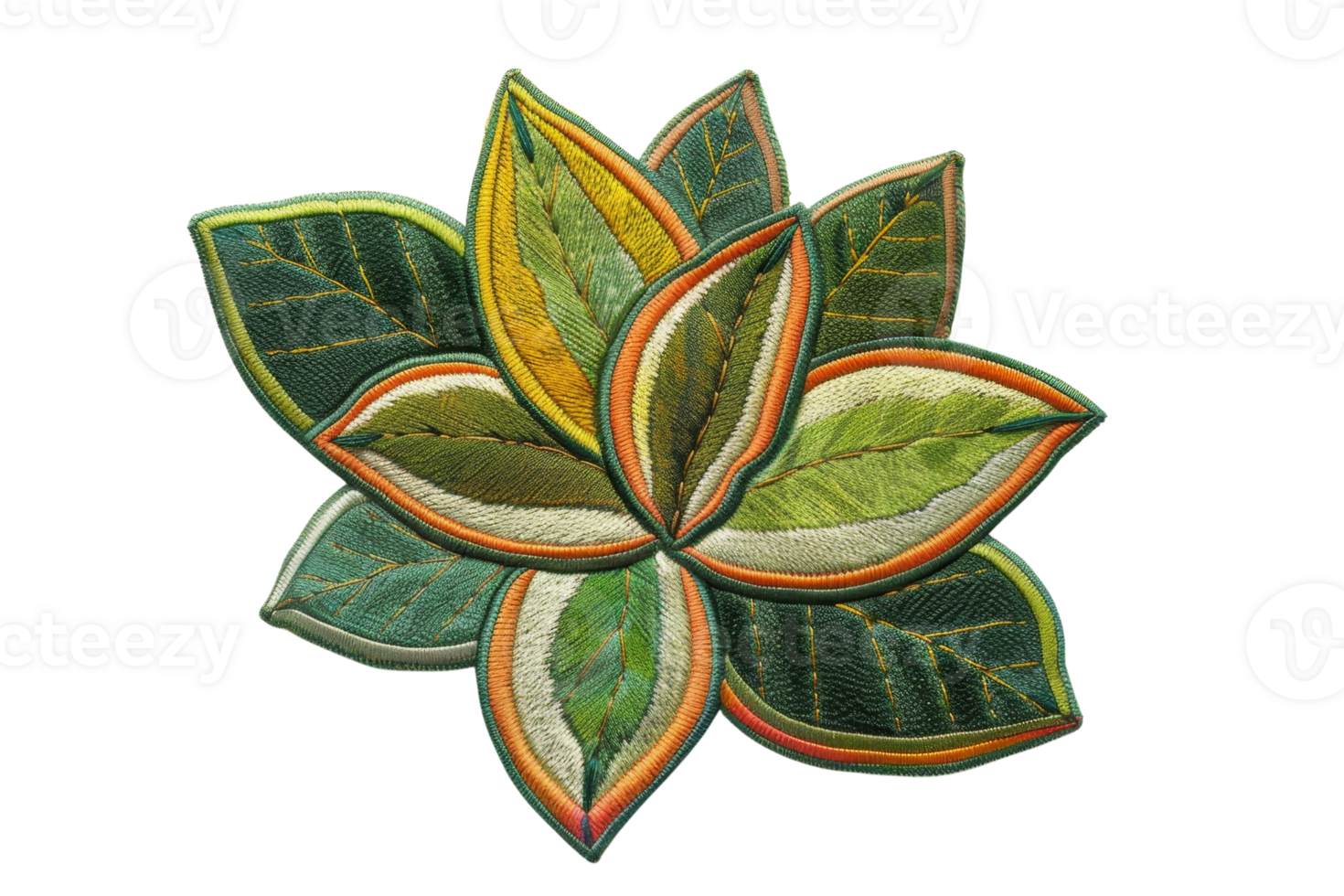 Colorful embroidered leaf pattern design featuring detailed stitching and vibrant colors, perfect for textiles and fashion projects. png