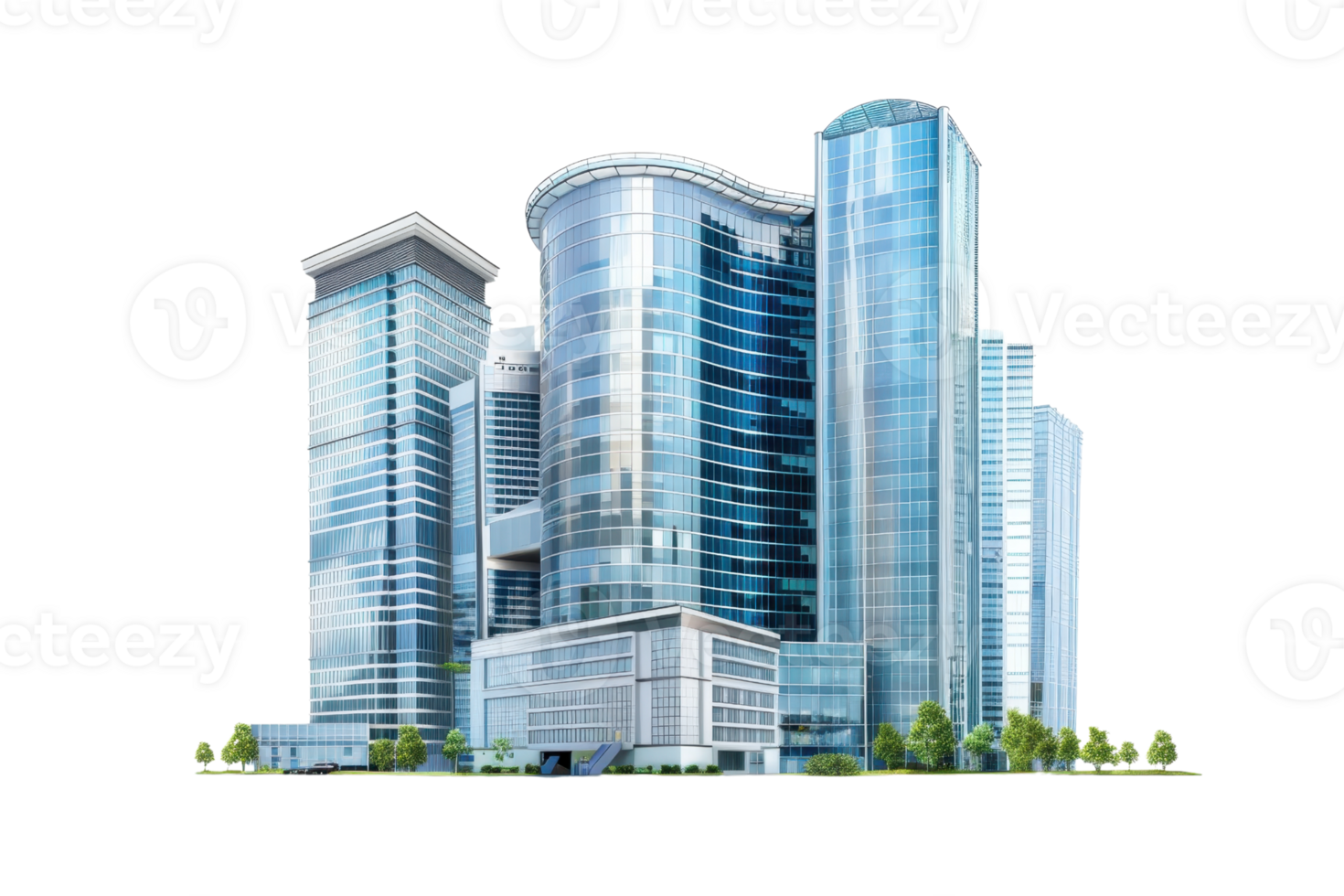 Modern glass skyscrapers with reflections, sleek architecture and greenery, symbolizing urban development and contemporary business environment. png