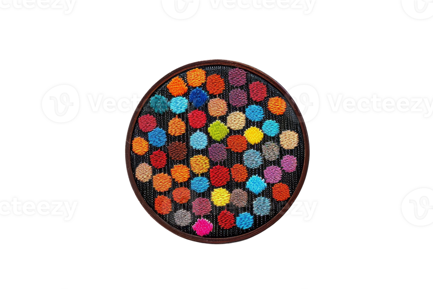 Colorful round woolen yarns, arranged in a circular wooden frame, isolated on transparent background. perfect for craft and DIY projects. png