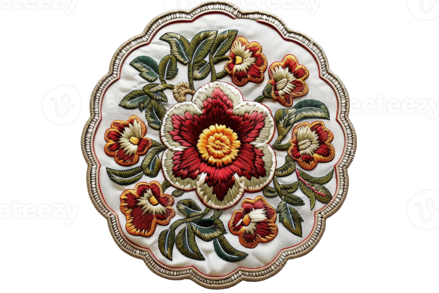 Intricate floral embroidery on a round textile with vibrant red and green patterns, showcasing detailed craftsmanship and elegant design. png