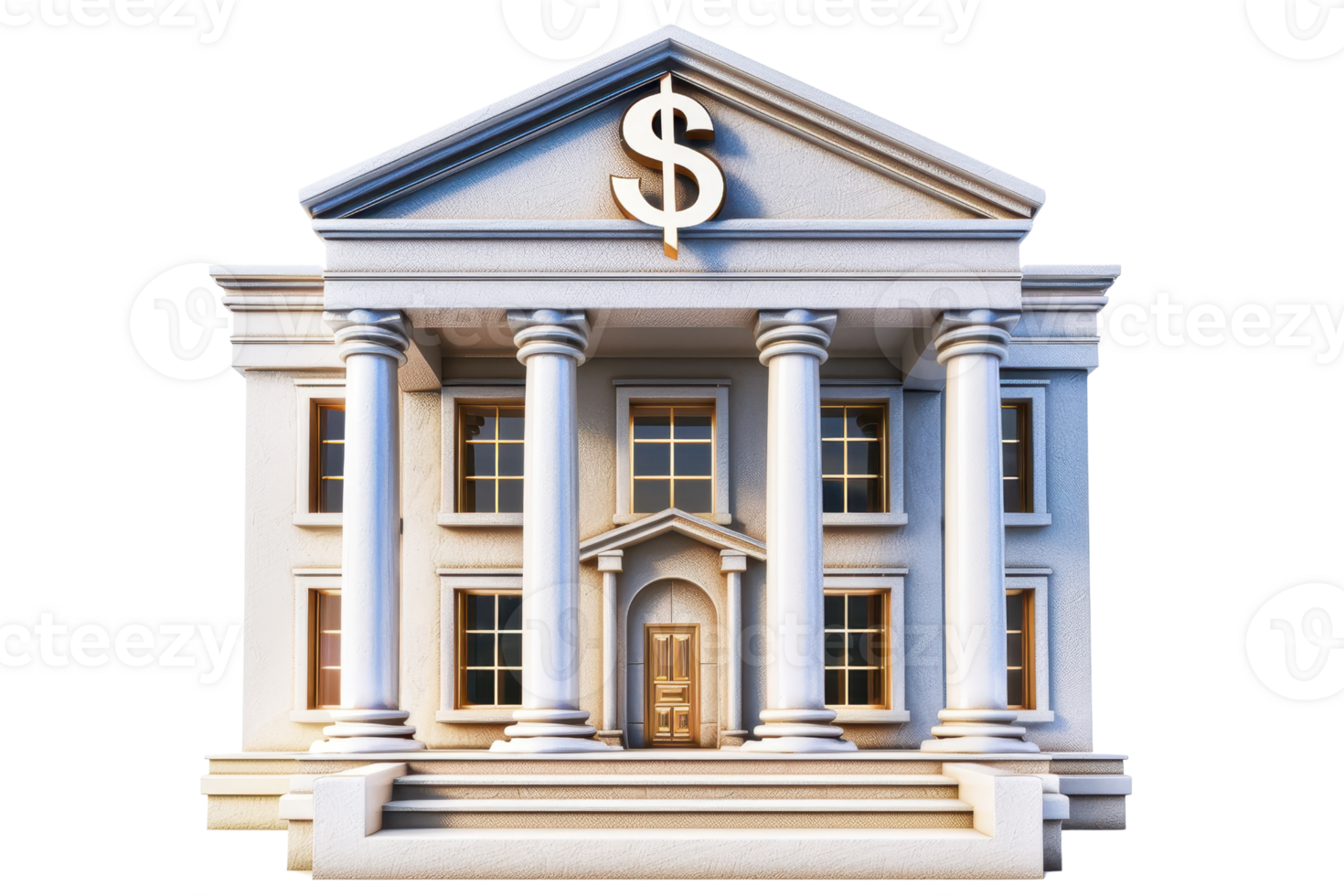 Classical building with pillars and dollar sign, representing financial institution or bank, isolated on transparent background. png