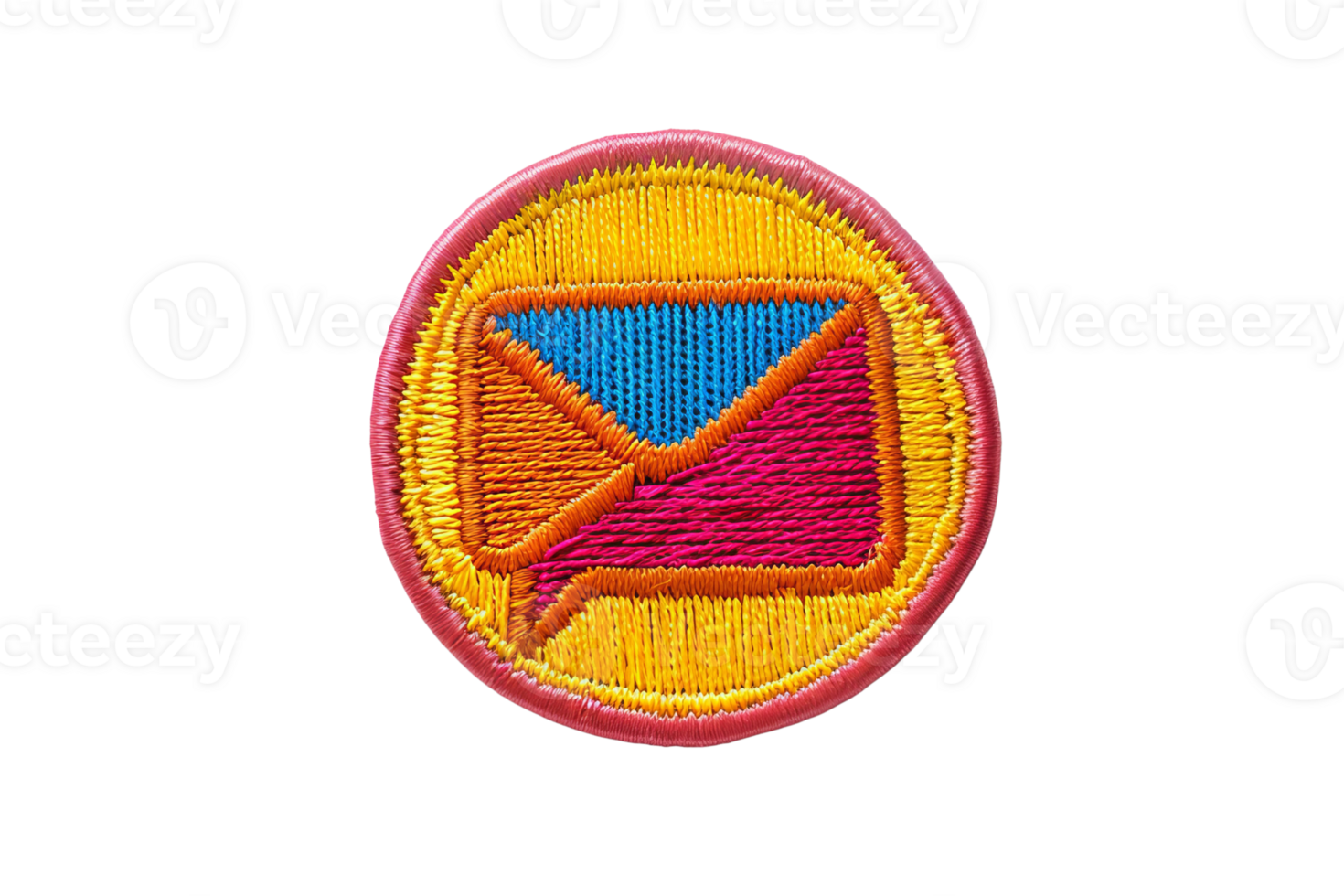 Colorful embroidered circular patch with a mail and speech bubble icon, perfect for decoration or labeling purposes. png