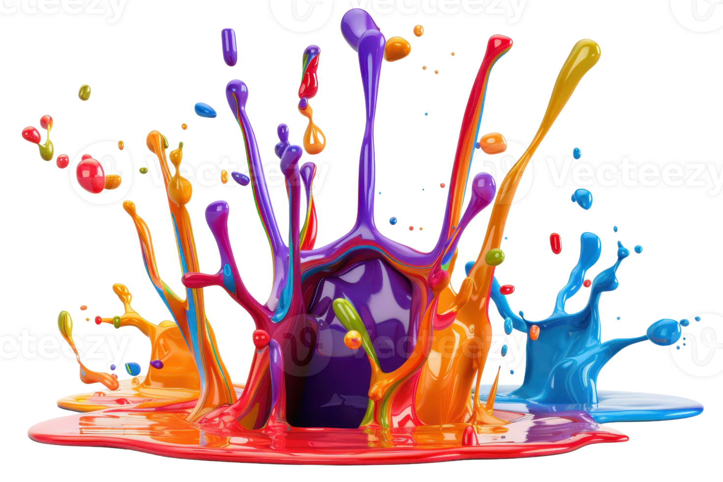 Vibrant and colorful paint splashes captured in mid-motion, creating an abstract and dynamic explosion of colors on a transparent background. png