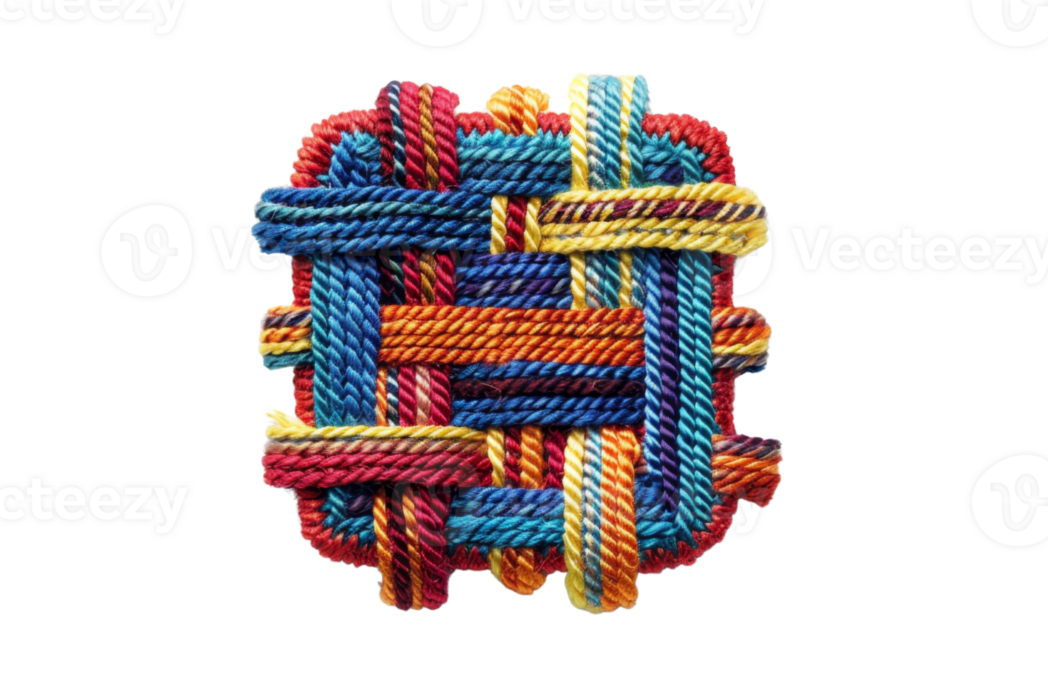 Colorful woven pattern made of multicolored cords, creating an intricate and vibrant textile design on a transparent background. png