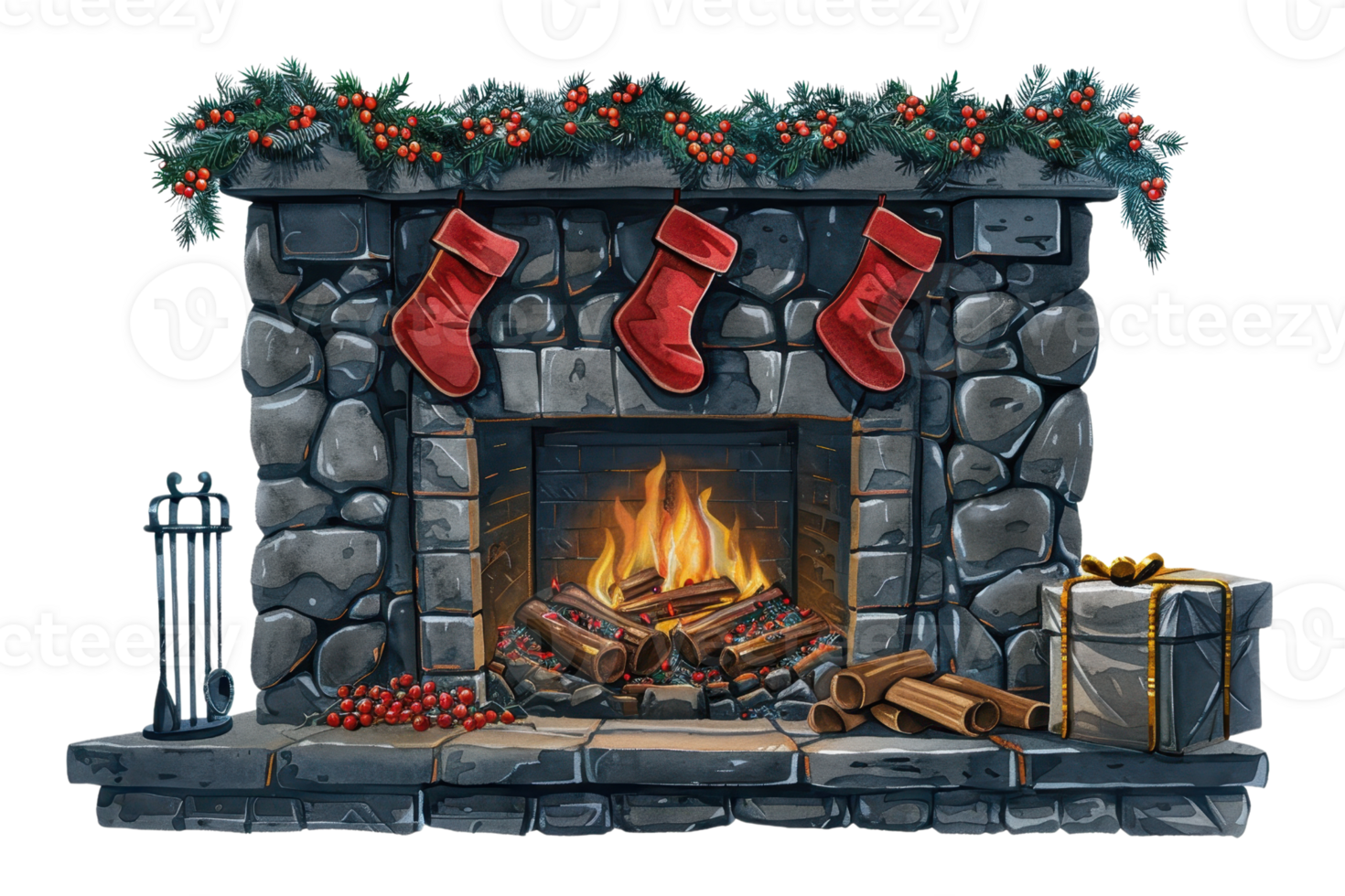 A cozy stone fireplace with stockings, a warm fire, garland, and holiday decorations that create a festive Christmas atmosphere. png