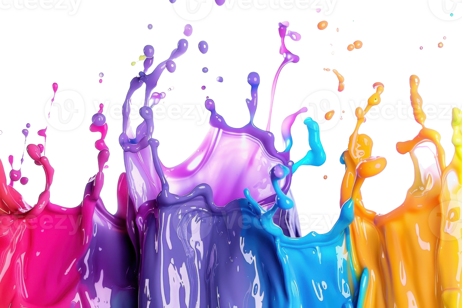 Vibrant paint splashes in dynamic motion, showcasing a rainbow of colors in an abstract, artistic expression against a transparent background. png