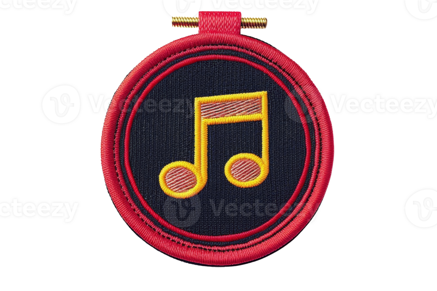 Embroidered music note badge with yellow and red threads on a circular black background, encased in a red border. Ideal for crafts and fashion. png