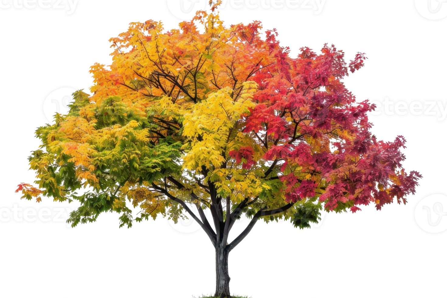 Vibrant tree with colorful autumn foliage in shades of red, orange, and yellow, isolated on a transparent background. png