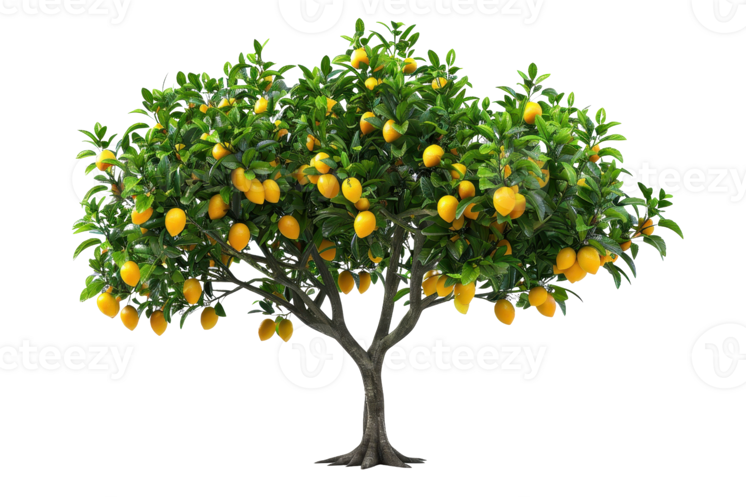 A vibrant lemon tree adorned with ripe yellow lemons, standing isolated on a transparent background. showcasing lush green foliage and healthy fruits. png