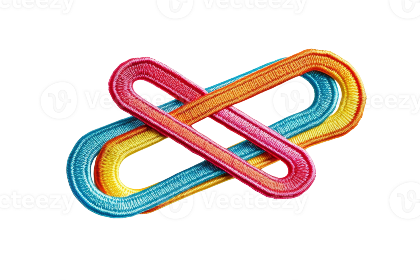 Colorful intertwined rubber bands forming an abstract shape on a transparent background. showcasing vibrancy and creativity in office supplies. png