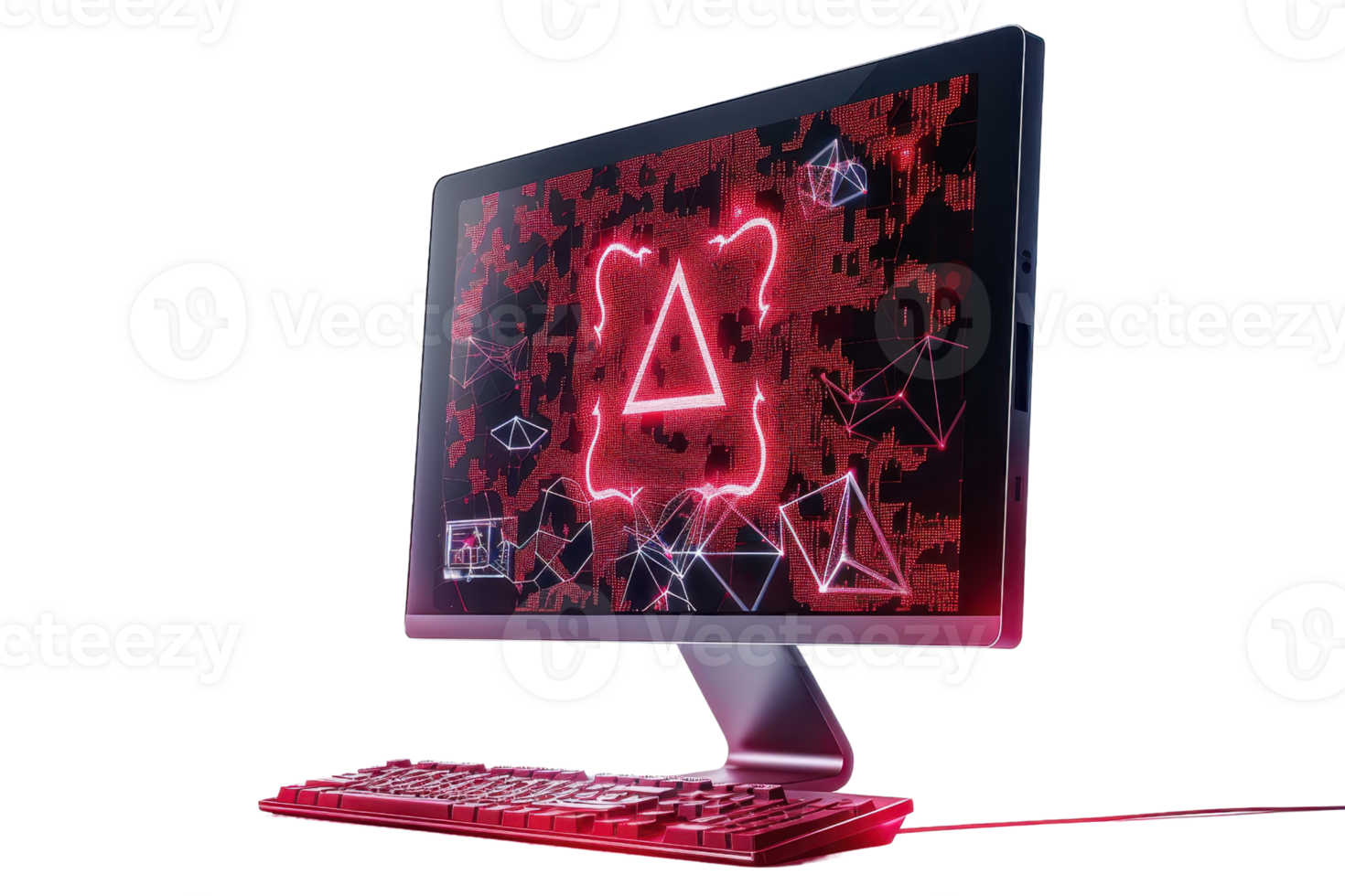 Futuristic computer screen displaying red digital geometric shapes with a triangle in the center, emphasizing high-tech and cyber themes. png