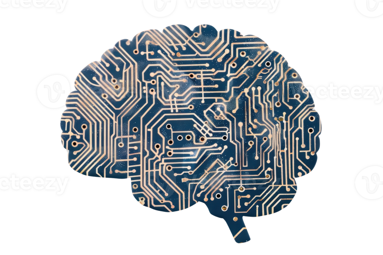 Conceptual image of a brain with a circuit board pattern, representing artificial intelligence and technology integration. png
