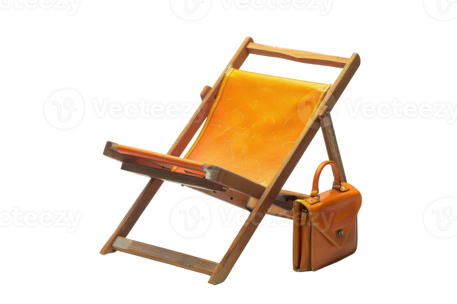 Foldable wooden beach chair with orange fabric and a leather bag on transparent background. Ideal for summer, travel, and relaxation themes. png