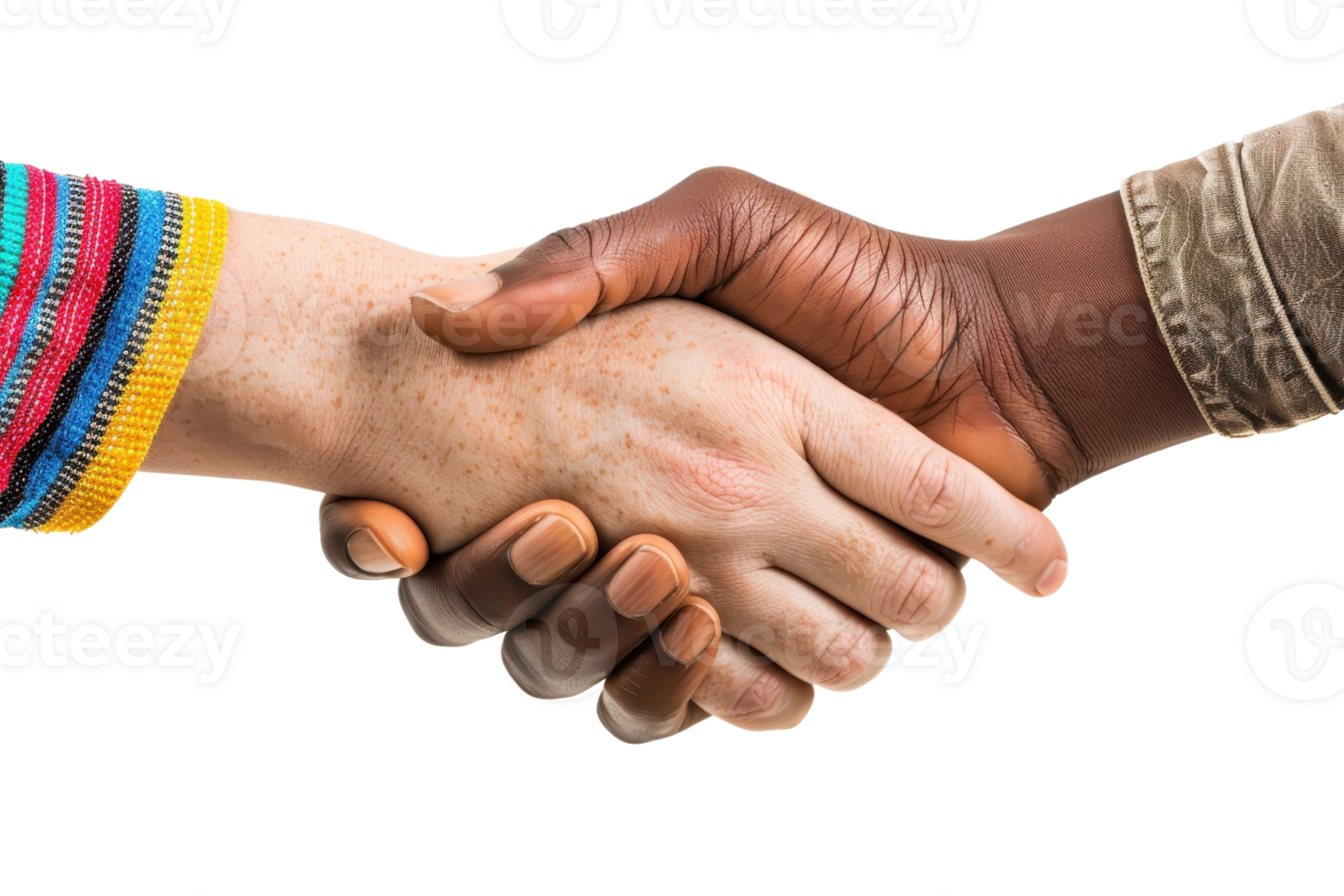 Close-up of a diverse handshake symbolizing unity, cooperation, and agreement, with hands of different skin tones in vibrant clothing. png