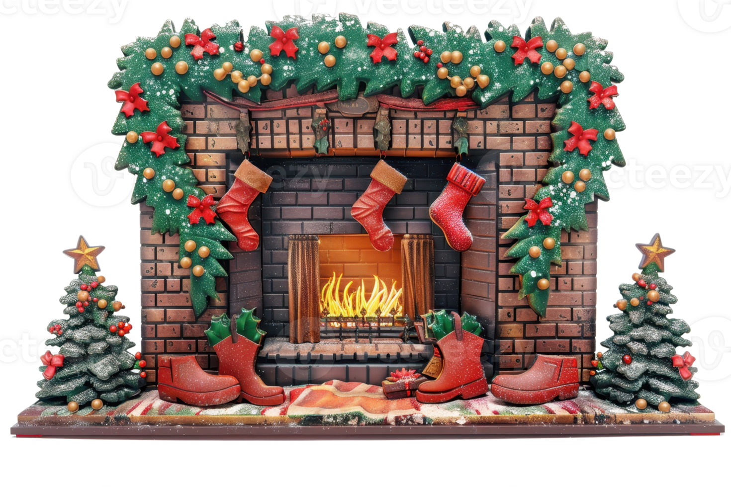 Festive Christmas fireplace with stockings, decorated with holly and garland, creating a warm holiday ambiance. png