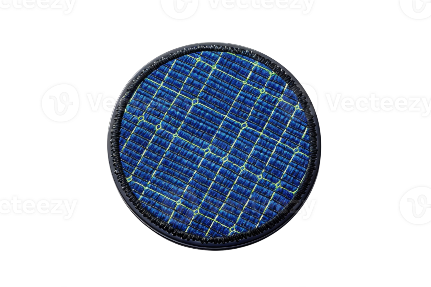 Close-up of a circular solar cell, showcasing blue textured surface and intricate grid pattern, isolated on a transparent background. png