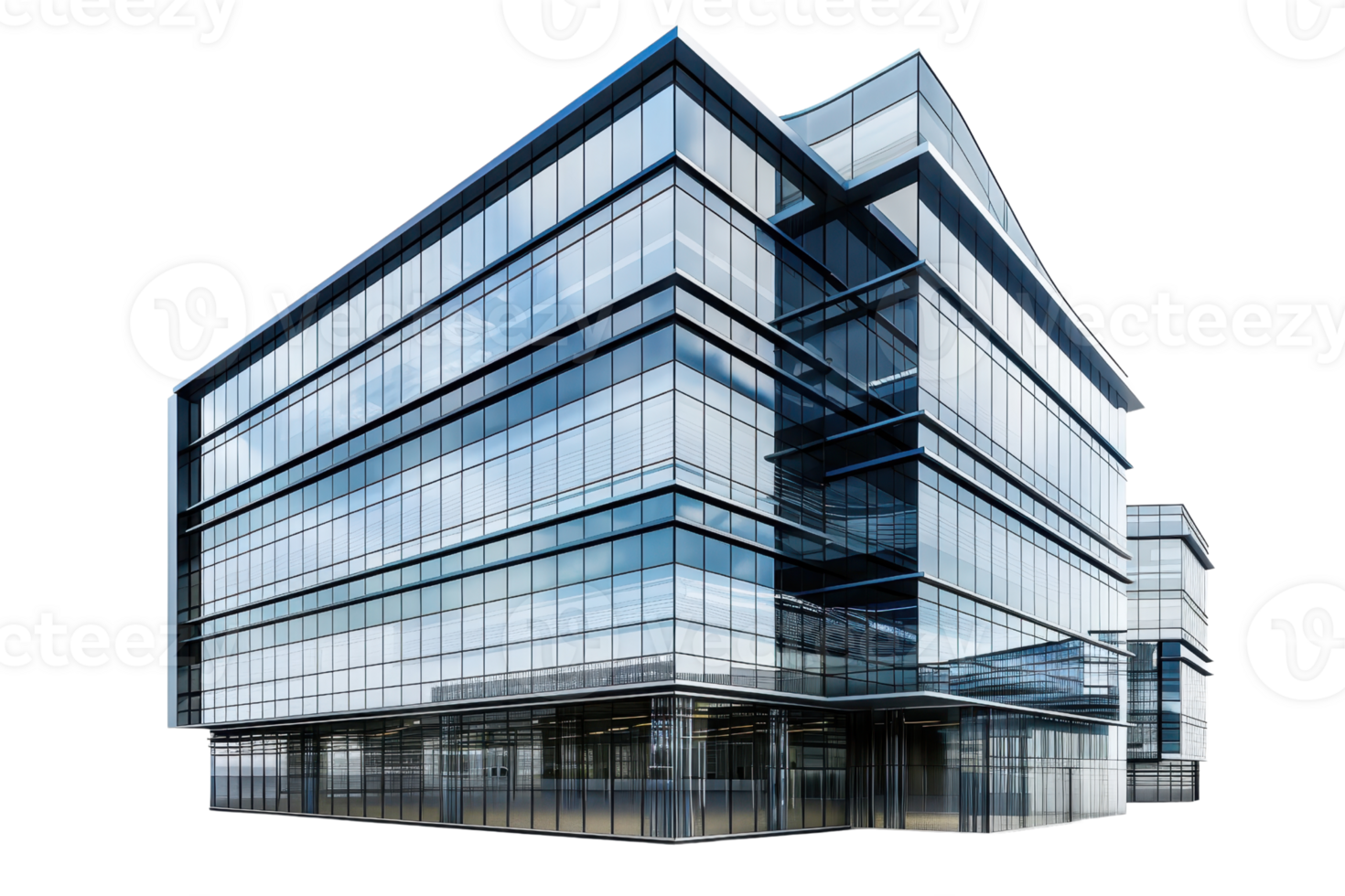 Modern glass office building with sleek design, showcasing contemporary architecture and reflective windows. png