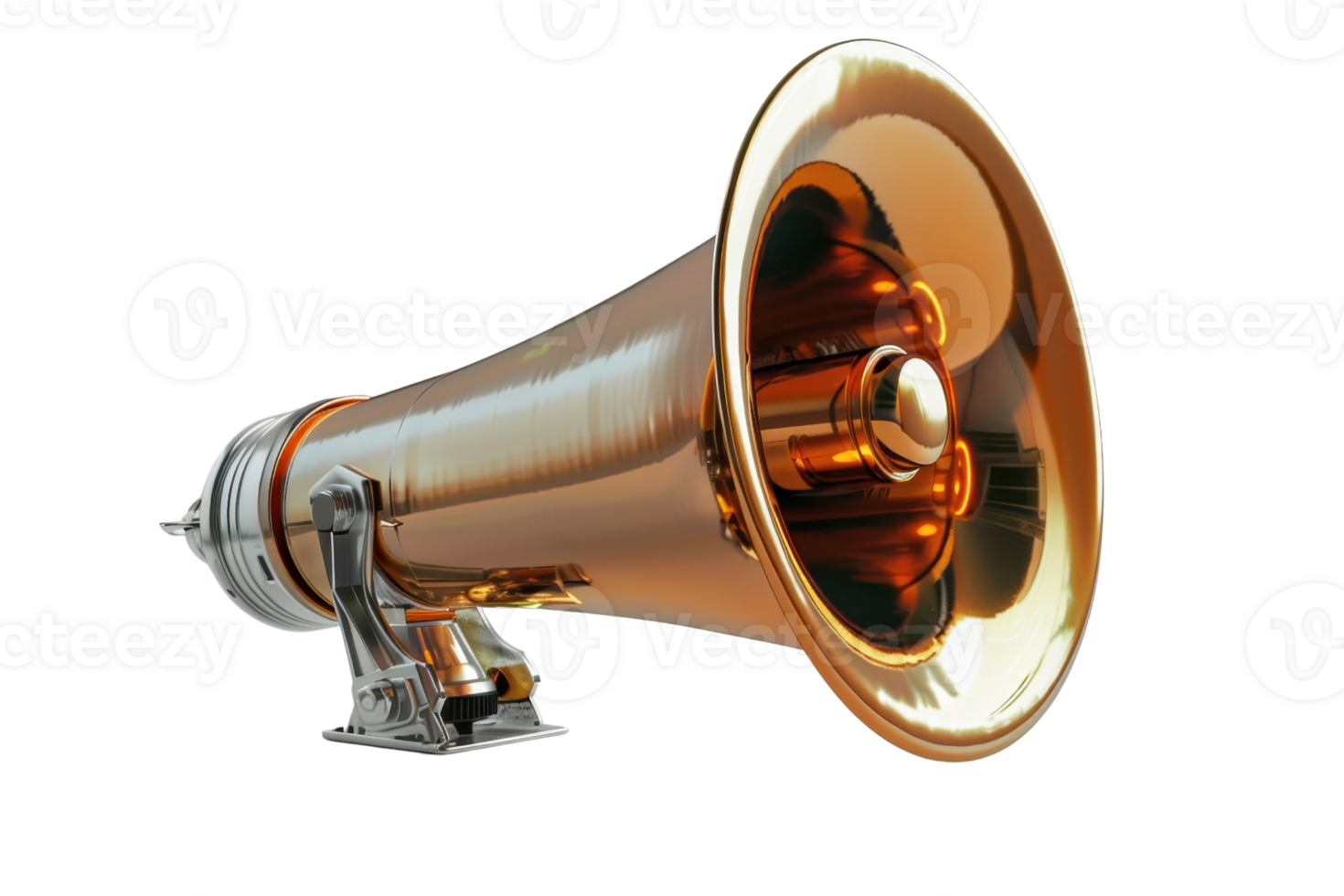Close-up of a vintage brass horn with intricate details and shiny metallic finish, isolated on a transparent background. png