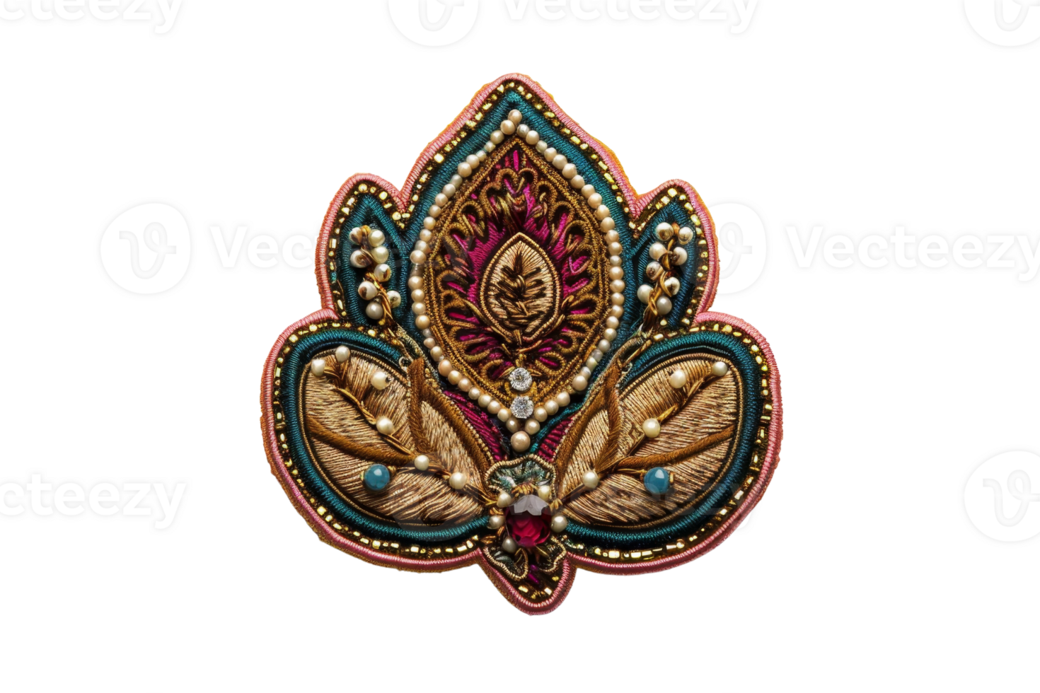 Exquisite handcrafted jeweled brooch with intricate design elements and colorful embellishments on a transparent background. png