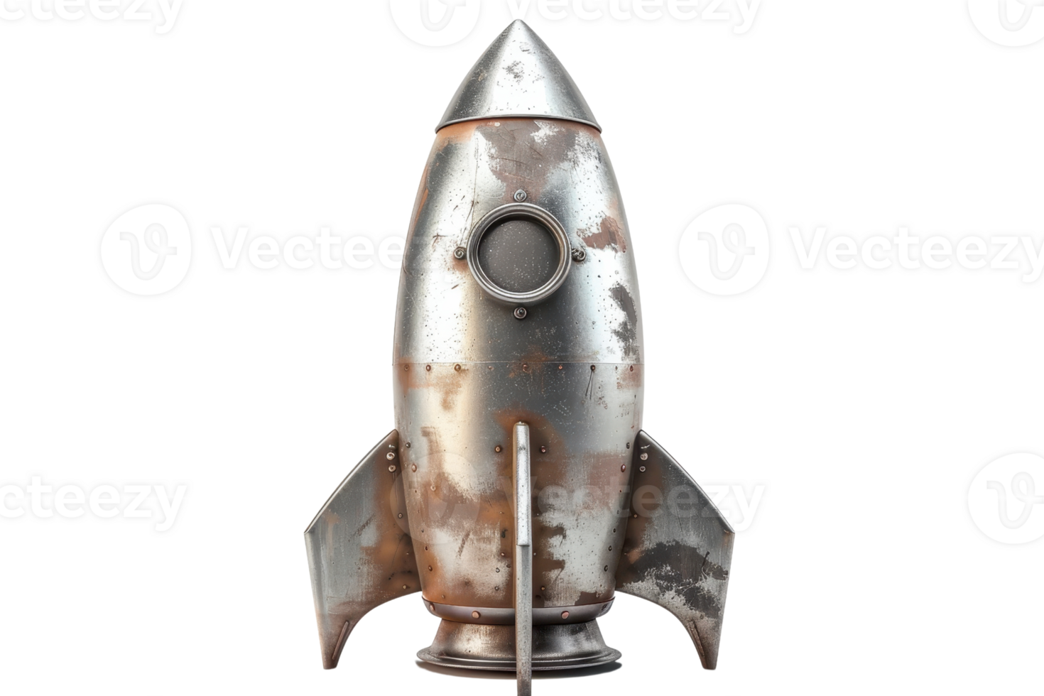 Rustic vintage metal rocket model with a weathered look, perfect for retro decor or science fiction themes. png