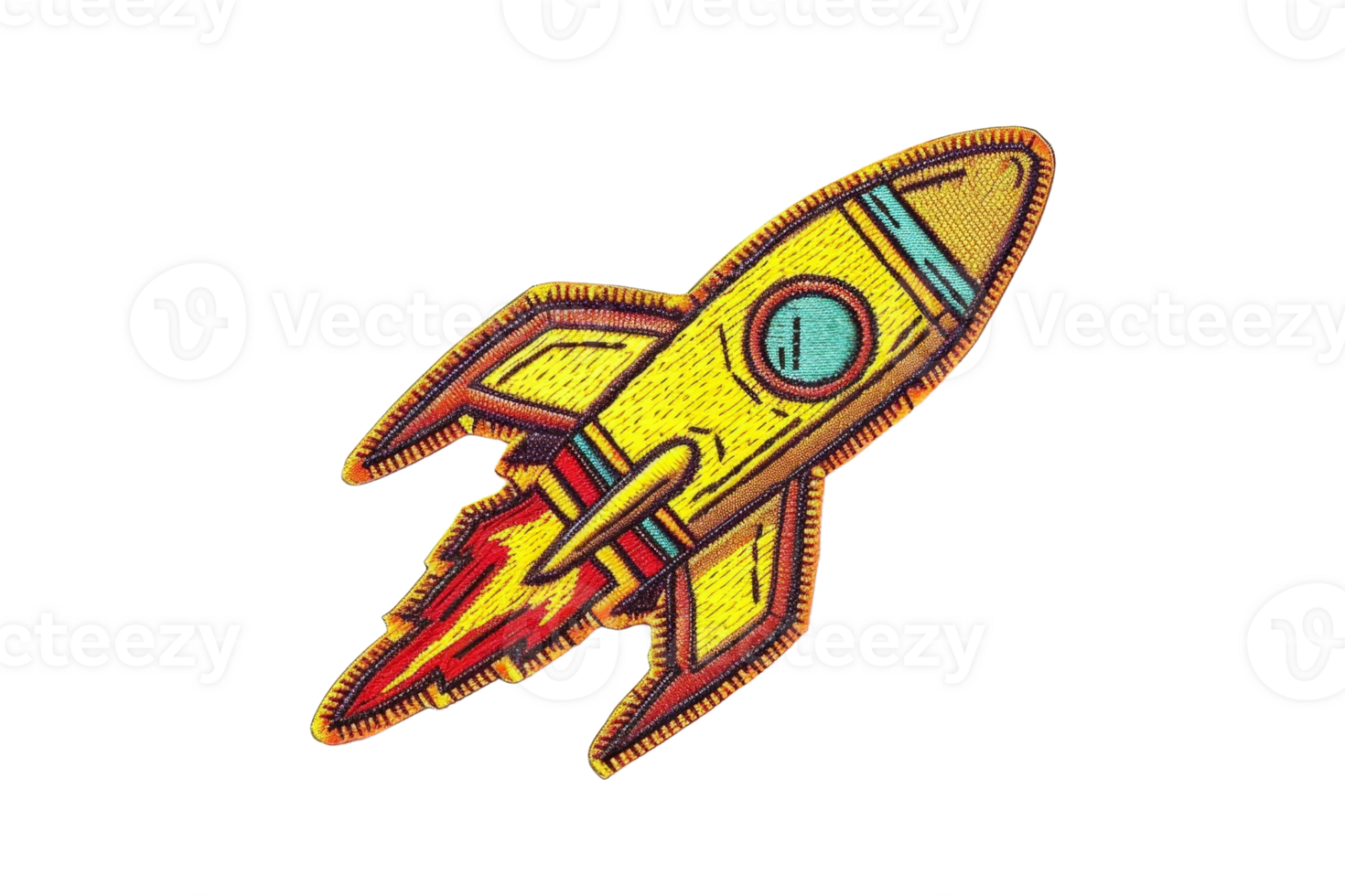 Colorful rocket illustration with a blue window, flying upwards with vibrant flames, representing space exploration and adventure. png