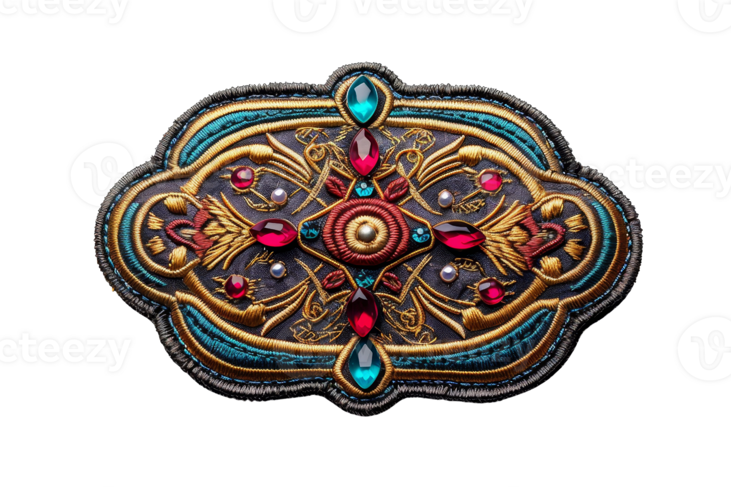 Intricately designed ornate brooch with vibrant gemstones and gold accents, showcasing exquisite craftsmanship and luxurious details. png