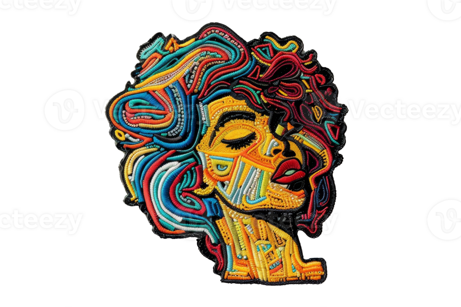 Colorful abstract portrait of a woman with intricate patterns and vibrant hues, symbolizing creativity and diversity in artistic expression. png