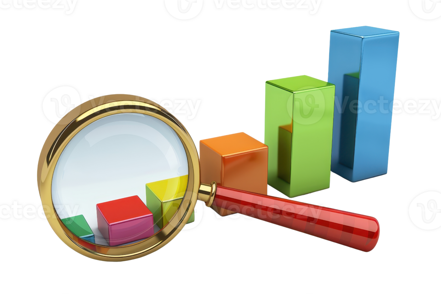 Colorful 3D bar graph with a magnifying glass highlighting data analysis and business growth. Isolated on transparent background. png