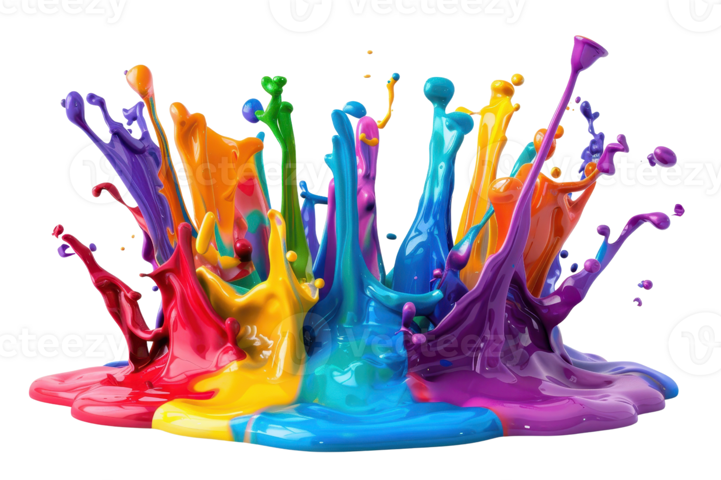 Vibrant splash of colorful liquid paint isolated on transparent background. Perfect mix of bright hues creating an artistic explosion. png