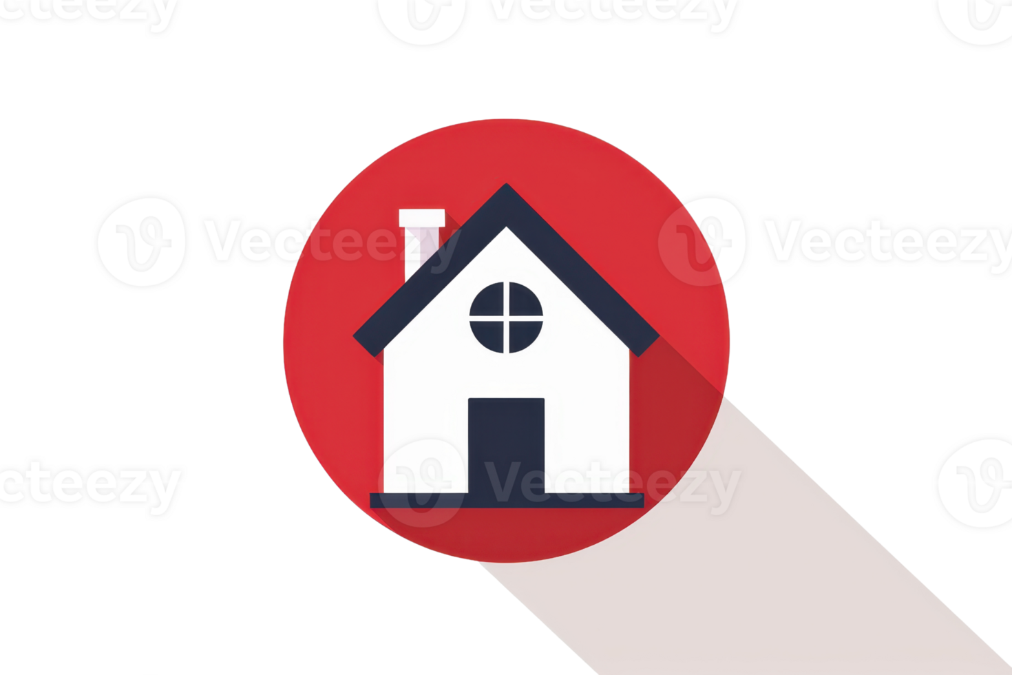 illustrated icon of a house with a red circular background and long shadow, symbolizing home, property or accommodation. png