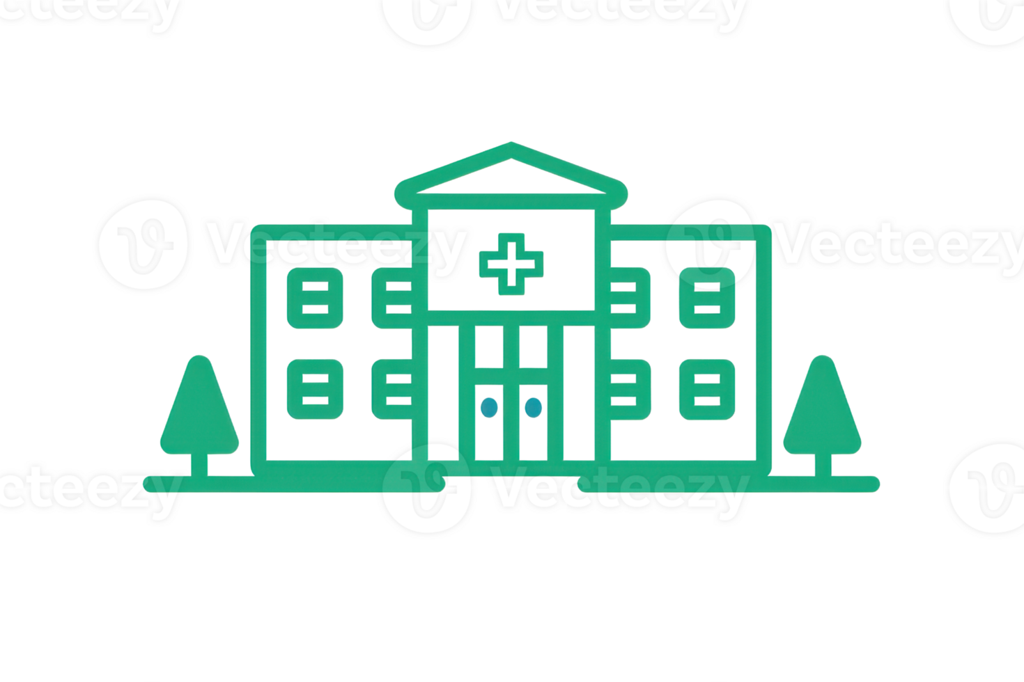 illustration of a hospital building with a cross sign, trees, and detailed architecture, ideal for healthcare-related designs. png