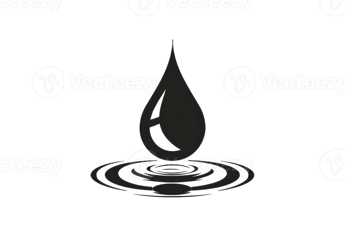 Abstract black water droplet icon with ripples spreading outwards, symbolizing purity, freshness, and tranquility in minimalist design. png