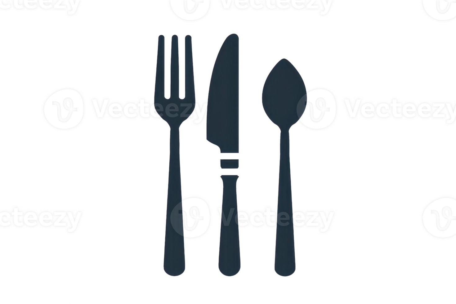 Black and white icon of a fork, knife, and spoon, symbolizing dining utensils and cutlery essential for eating and dining purposes. png