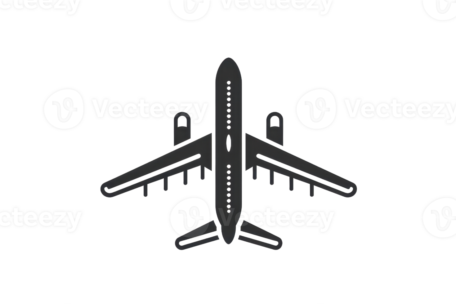 Black and white illustration of an airplane viewed from above, ideal for aviation, travel, and transportation-themed projects. png