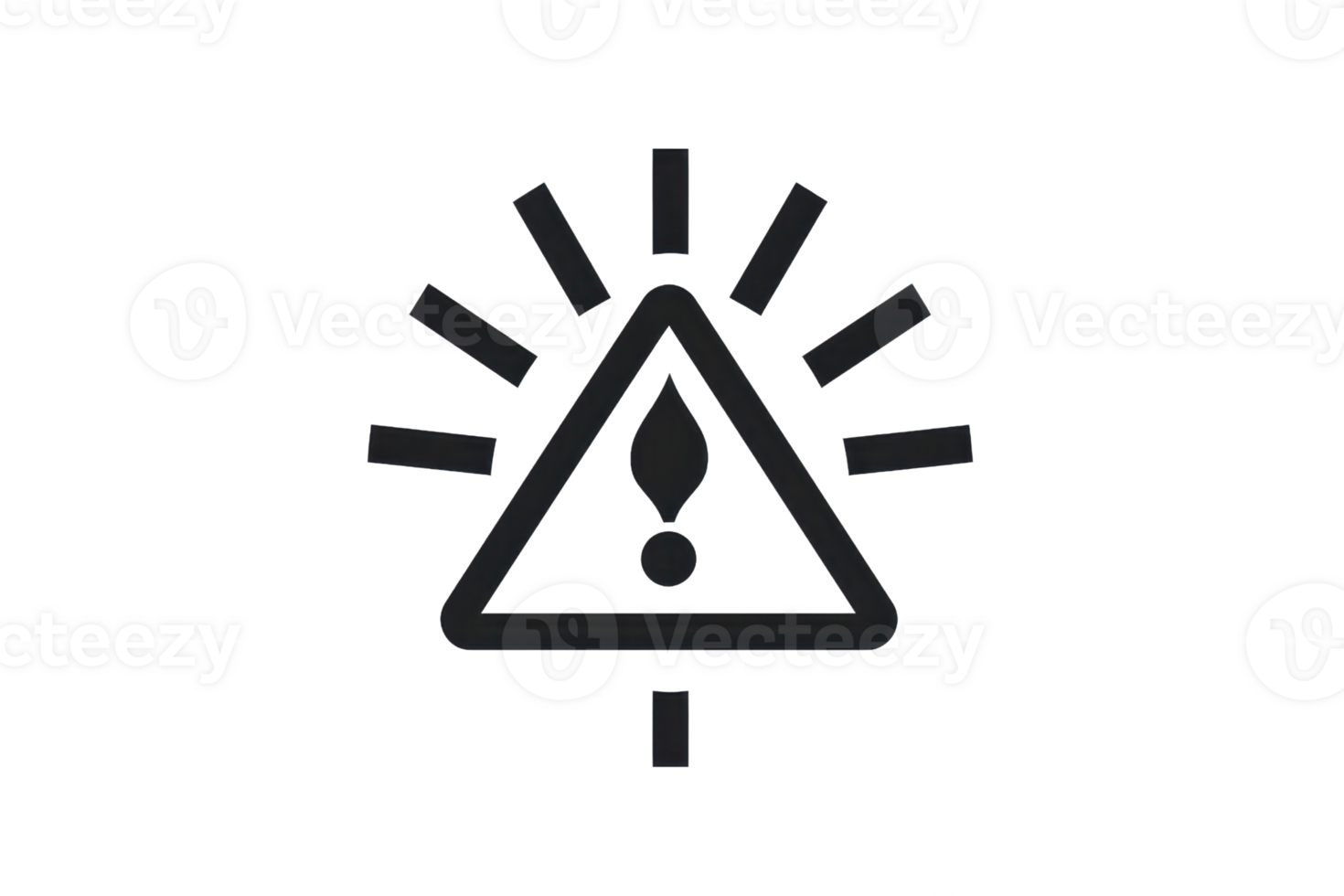 Black and white warning sign with an exclamation point in a triangle and rays symbolizing caution and alertness. png
